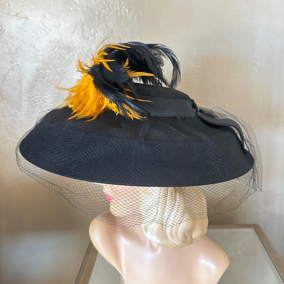 ASTOUNDING BLACK FELT WIDE BRIM HAT WITH BL;ACK & YELLOW FEATHER S main image 4